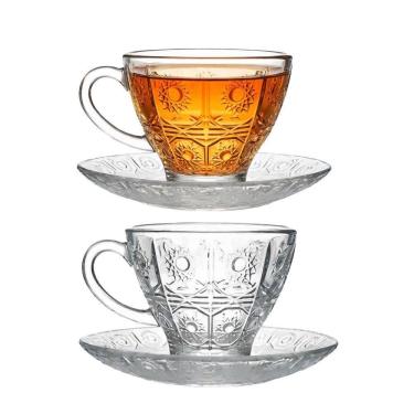 Imagem de Jogo 2 Xícara De Chá Vidro Transparente Com Pires Bohemia Café Relevo 220ml Em Casa Tem