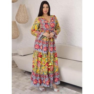 Imagem de Vestido Longo Seda com Decote V Manga Longa Feminino-Feminino