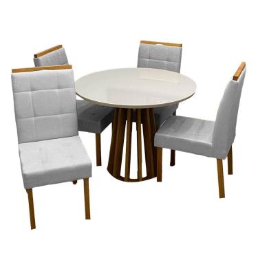 Imagem de Mesa de Jantar Berlim 100cm Redonda com Vidro e 4 Cadeiras Giulia em Veludo Estofadas Cel Móveis Cor Cinamomo Off White com Tecido Cinza