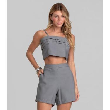 Imagem de Shorts Feminino Cós Alto Em Alfaiataria Dianna Cinza, P, Cinza