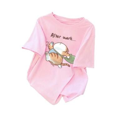 Imagem de Camiseta Feminina De Algodão Para O Verão Com Estampa De Gato Dormindo