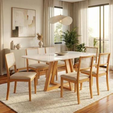 Imagem de Kit 2 Cadeiras de Jantar Palha Estofadas Veludo Bege Encosto Tela Sext