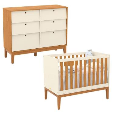 Imagem de Berço Americano e Cômoda 6 Gavetas Unique em MDF Off White Freijó Eco Wood com Grade Fixa