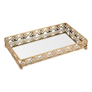 Imagem de BANDEJA ESPELHADO METAL 3x22x13cm DOURADO DECORATIVA PARA SERVIR LAVABO