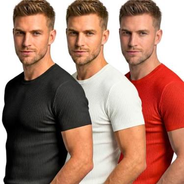 Imagem de Kit 3 Camisetas Masculinas Caneladas Slim Fit Manga Curta Academia Tre