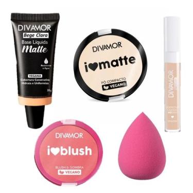 Imagem de Kit Maquiagem básica Divamor com Base Pó Corretivo e Blush, 2-Bege Cla