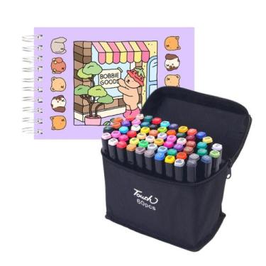 Imagem de Kit Livro de Colorir Canetinhas Ponta Dupla Marcador 60 Peças Caderno 