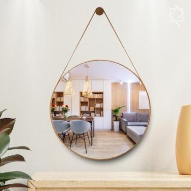 Imagem de Espelho Adnet 80cm Diâmetro Moldura e Alça Couro Caramelo com Pendurad