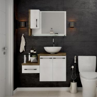 Imagem de Conjunto de Gabinete de Banheiro com Cuba R35 e Espelheira Wood 3 PT 1 GV Branco e Carvalho Dark