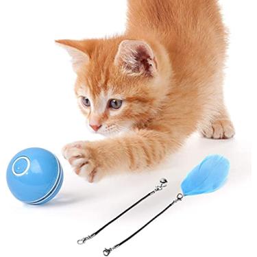 Imagem de Bola de brinquedo para gatos com luz de LED e penas, brinquedo de penas de sino, brinquedos inteligentes para animais de estimação, rotação automática, brinquedo inteligente para gato, recarregável por USB, rolo de caça divertido (azul)