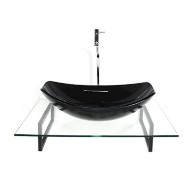 Imagem de KIT CUBA DE VIDRO OVAL CHANFRADA PRETA COM TAMPO 60CM INCOLOR E SUPORTE TORNEIRA VALVULA