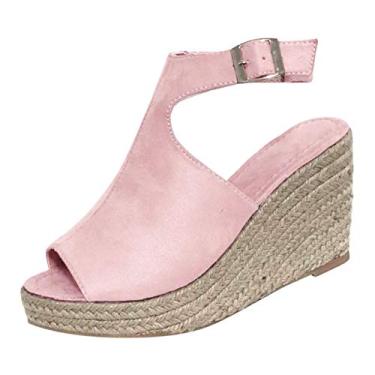 Imagem de Sandálias anabela femininas moda fivela romana casual sapatos femininos sandálias anabela tiras sólidas sandálias femininas, rosa, 7