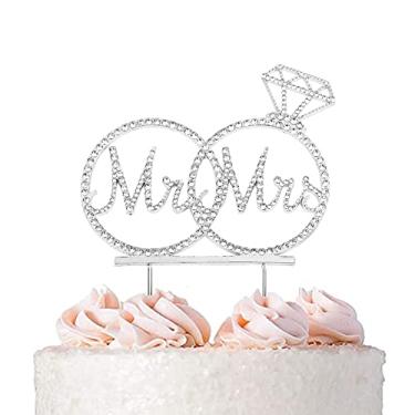 Imagem de OBUY Topo de bolo de casamento Sr. e Sra. Topper de bolo de noiva e noivo, anéis de aniversário de casamento, decorações de festa de noivado, metal prata premium