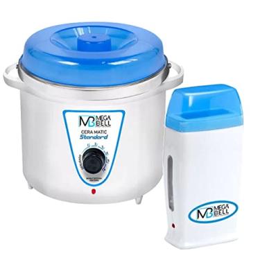 Imagem de Kit Panela Depilação Termocera 700g Sem Refil Branca Com Azul + Aquecedor de Cera Roll-on Azul