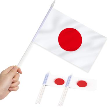 Imagem de Anley Japan Mini Flag 12 Pack - Hand Held Small Miniature Janpanese Flags on Stick - Fade Resistant & Vivid Colors - 5x8 Inch with Solid Pole & Spear Top