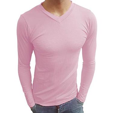 Imagem de Camiseta Masculina Gola V Rasa Manga Longa cor:rosa-claro;tamanho:m