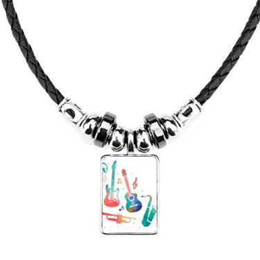 Imagem de DIYthinker Colar com pingente de corda de couro torcido, com estampa de instrumentos coloridos, verde e rosa