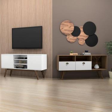 Imagem de Conjunto para Sala de Estar 2 Rack para TV até 65 Polegadas com 2 Portas e 3 Nichos Estilare Branco/Marrom
