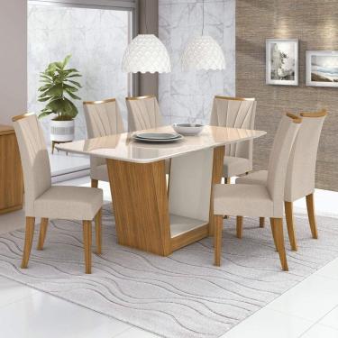 Imagem de Conjunto Sala de Jantar Mesa com Tampo de Vidro 170cm e 6 Cadeiras Apogeu Móveis Lopas Rovere Naturale/Off White/Linho Rinzai Bege