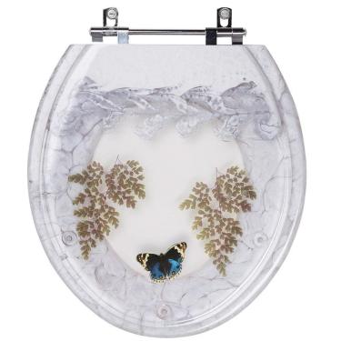 Imagem de Assento Sanitário Tampa de Vaso Convencional Oval Branco Decorado com Borboleta