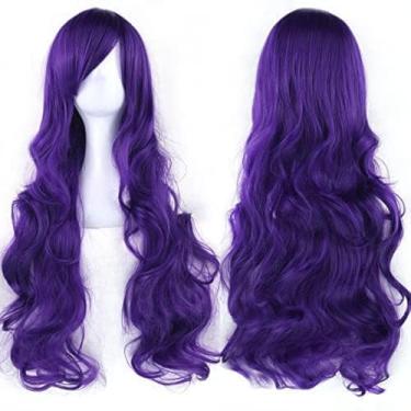 Imagem de IMISSU Peruca cosplay de cabelo natural cacheado longo com franjas coloridas fantasia de Halloween perucas de festa (Roxo escuro)