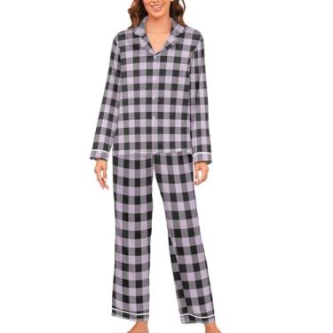 Imagem de JUNZAN Conjunto de pijama de cetim xadrez creme búfalo para mulheres manga longa 2 peças pijama feminino pijama de botão roxo claro, Roxo-claro, preto, P