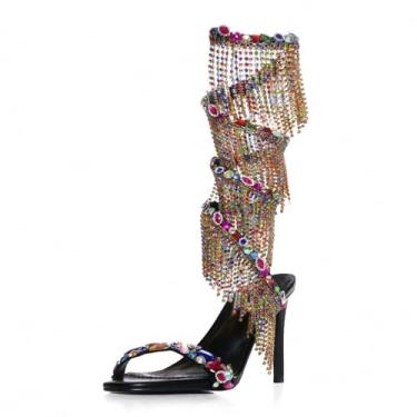 Imagem de driceic Sandálias femininas de strass enfeitadas com pedras preciosas multicoloridas, sandálias de strass com detalhe de amêndoa, Preto, 42
