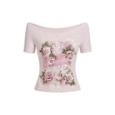 Imagem de SOLY HUX Camisetas femininas Y2k Graphic Crop Tops com estampa de estrelas, ombros de fora, manga curta, Rosa floral, G
