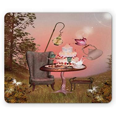 Imagem de Lunarable Mouse pad surrealista, aniversário Alice no País das Maravilhas Bolo Borboleta Floresta Impressão Surreal, Mouse Pad Retangular de Borracha Antiderrapante, Tamanho Padrão, Multicolorido