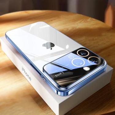 Imagem de Capa luxuosa de proteção para câmera de vidro temperado para iPhone 14 Pro Max 15 Plus iPhone 12 13 ProMax Capa traseira rígida de acrílico transparente, azul, para iPhone 15Pro