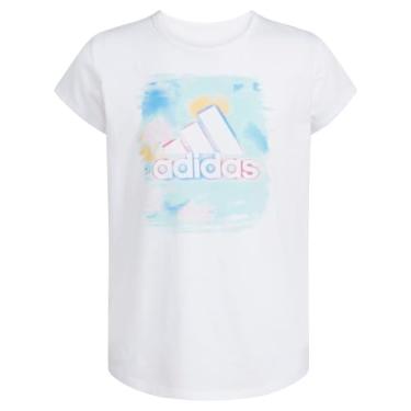 Imagem de adidas Camiseta de manga curta de algodão com gola redonda para meninas, Branco com azul claro, 6X