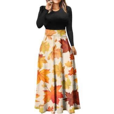 Imagem de Vestido feminino de manga longa solto com estampa de patchwork, vestidos maxi longos casuais 2023 roupas de outono plus vestidos com, Bege, G