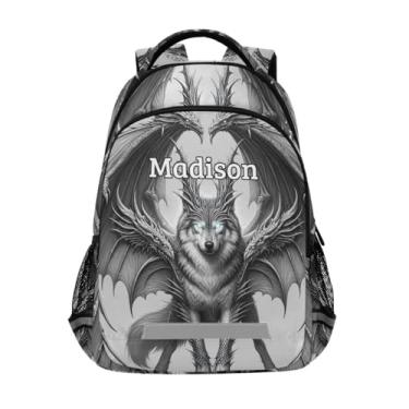 Imagem de CHIFIGNO Mochila infantil personalizada para meninas e meninos, mochila escolar personalizada com nome mochila de viagem personalizada para mulheres e homens, Lobo prateado com asas de dragão, Medium