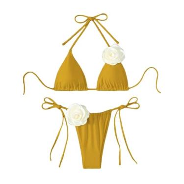 Imagem de Falainetee Conjunto de biquíni feminino com apliques florais, cintura alta, triângulo, amarrado, lateral, biquíni, Amarelo, G