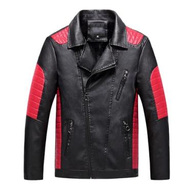 Imagem de Jaqueta masculina de lã, cor bloqueada, jaqueta de couro para motociclista, zíper e lapela, Vermelho, G