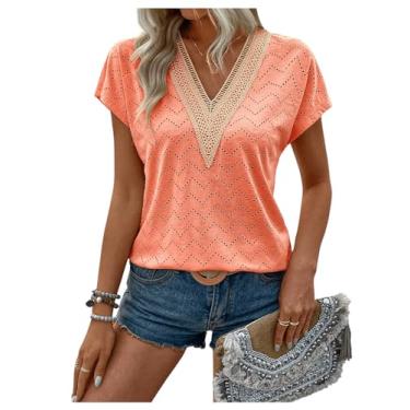 Imagem de RoseSeek Camiseta feminina de renda com gola V, manga curta, casual, boêmia, verão, Laranja, M