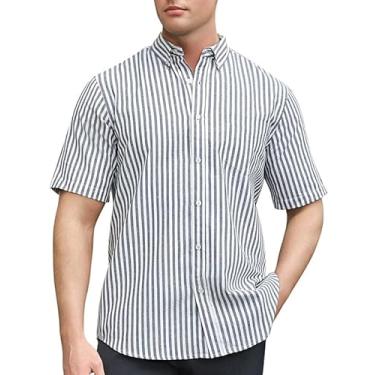 Imagem de Sedyrak Camisa de manga curta masculina de linho de algodão com ajuste regular casual com botão e bolso frontal, Listra branca azul-marinho 378, 4G