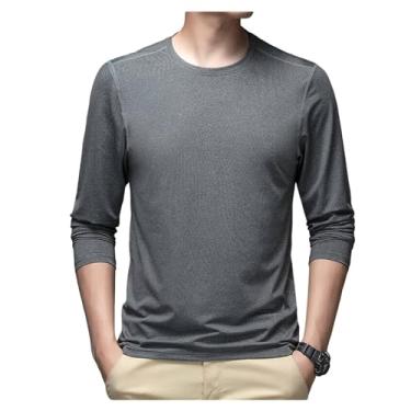 Imagem de Camisa esportiva masculina manga longa gola redonda camiseta atlética cor sólida bainha reta camisa de treino, Cinza, G