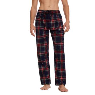 Imagem de Lavenderi Calça de pijama masculina de algodão macio, calça de pijama longa com cordão e bolsos, Xadrez vermelho marinho, M