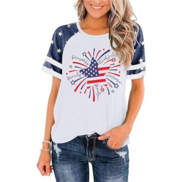 Imagem de Camiseta feminina Freedom 4th of July Memorial Day Graphic Tees casual manga curta American Patriotic Tops, Azul e branco, G