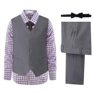 Imagem de Conjunto de colete e calça de smoking formal slim fit para adolescentes, roupas de casamento com gravata e gravata borboleta, Camisa xadrez cinza média, 5