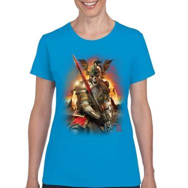 Imagem de Camiseta Apocalypse Reaper Fantasia Esqueleto Cavaleiro com Espada Medieval Criatura Lendária Dragão Mago Camiseta Feminina, Azul claro, M