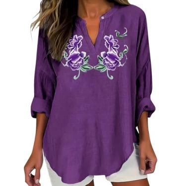Imagem de Camisetas femininas Alzheimers Awareness de linho com gola V Henley com estampa de flores roxas, Roxa, M