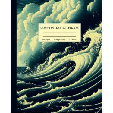 Imagem de Caderno de composição pautado na faculdade: ilustração vintage japonesa de ondas do oceano | Diário de estética náutica para escola, universidade, trabalho | Presente para amantes da vida marinha