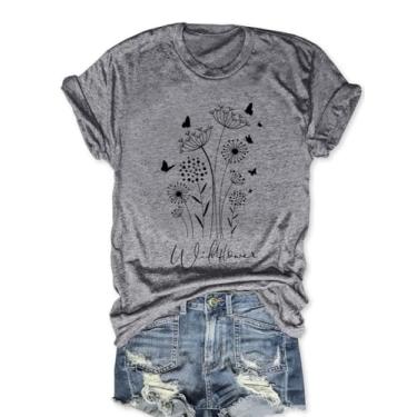 Imagem de Camiseta feminina de verão com estampa de flores silvestres casual ajuste solto manga curta flor planta top, G - Cinza, P