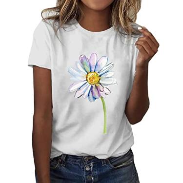Imagem de Duobla Camisetas femininas de verão 2024, casuais, floral, boêmio, estampadas, manga curta, gola redonda, linda blusa moderna de girassol, A-4-amarelo, P