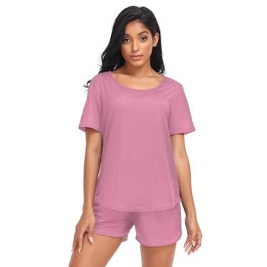 Imagem de CHIFIGNO Conjunto de pijama feminino, conjunto de pijama de verão de 2 peças, conjunto de pijama fofo de manga curta, conjunto de shorts P-2GG, Vermelho violeta pálido, P