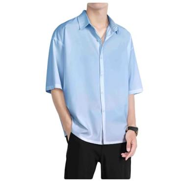 Imagem de Dressnu Camisa masculina de manga curta blusa de seda gelo de verão, Azul claro, 6G