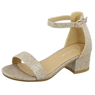 Imagem de Sandália social para meninas salto baixo tira no tornozelo, Champanhe, 4 Big Kid