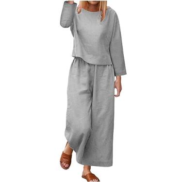 Imagem de Conjuntos femininos de ajuste solto, camisetas e calças para mulheres, conjunto de linho, 2 peças, outono e verão 2024, P - 125 cinza, XG